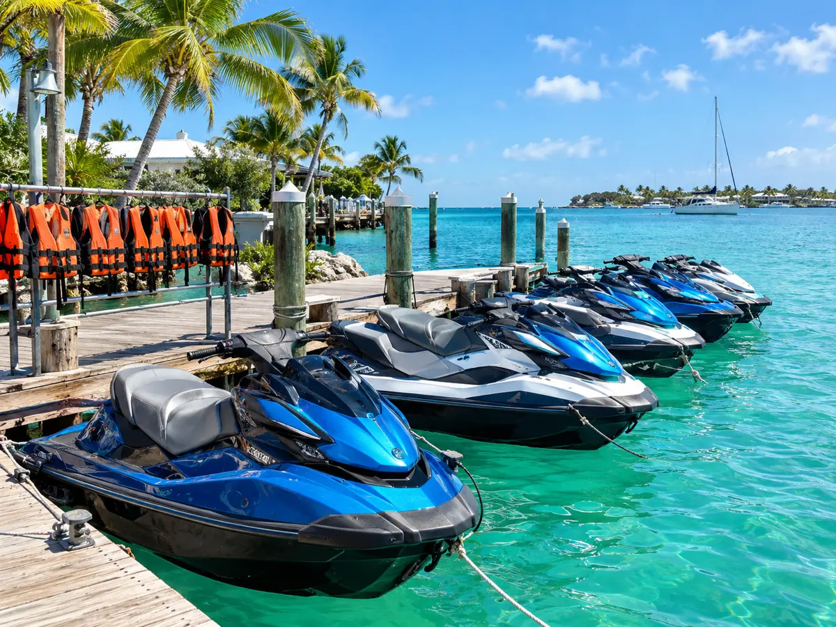 Eine Reihe Jetskis an einem Steg im Yachthafen von Key West, Schwimmwesten hängen an einer Reling