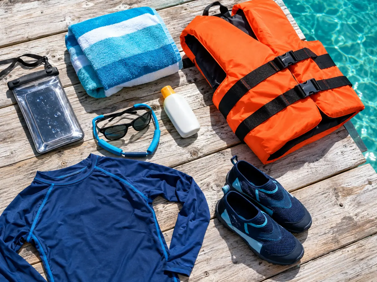 Dry Bag, Sonnenbrille mit Band, riffschonende Sonnencreme, Rashguard, Wasserschuhe und eine Schwimmweste auf einem Steg
