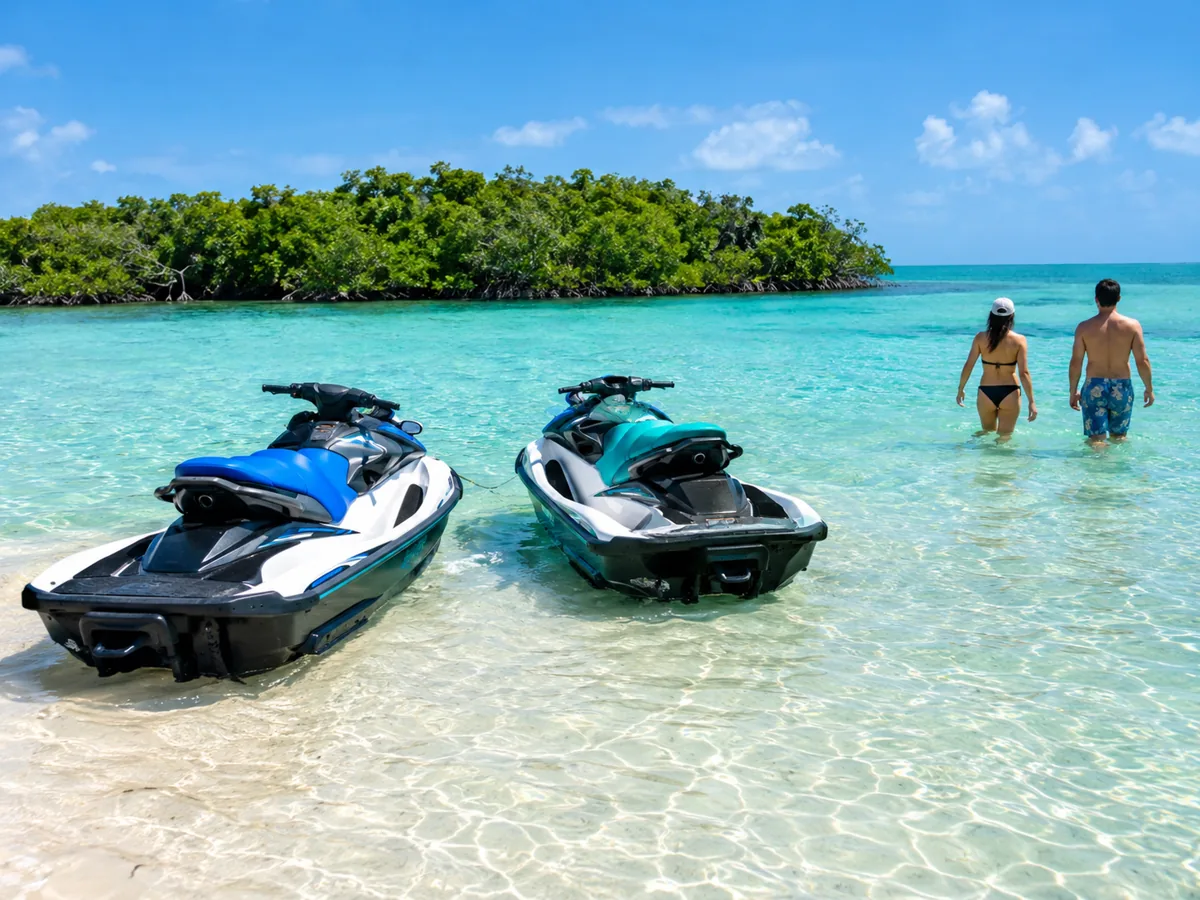 Zwei Jetskis auf einer flachen, weißen Sandbank bei Key West